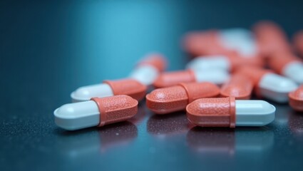 Snris. Close-up of red and white capsules scattered on reflective surface, pharmaceutical medication concept, healthcare or medical background with soft blue gradient, ideal for health articles or ph