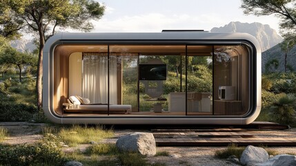 AI-controlled net-zero energy tiny home, offering futuristic sustainable living for minimalist families