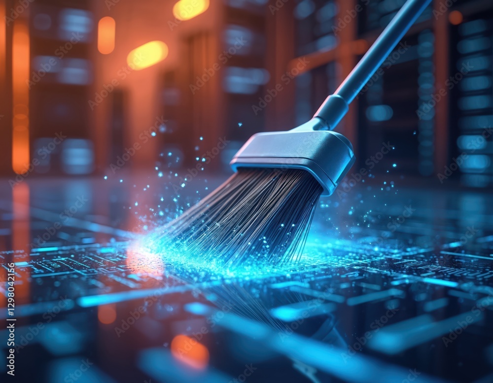 Poster broom sweeps digital data on glowing surface, data cleaning, cybersecurity, digital maintenance. fut