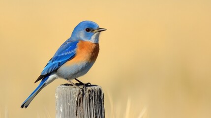 Obraz premium Cheerful Eastern Bluebird sitting on a wooden fence post its brilliant blue and orange plumage contrasting against the golden fields behind it