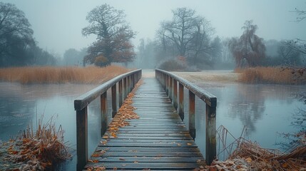 Obraz premium Serene winter scene of a wooden footbridge spanning a misty lake, surrounded by frost-covered trees and reeds. A tranquil escape into nature's beauty.