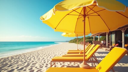 Summer Fridays. Sun is shining on beach with yellow chairs and umbrellas