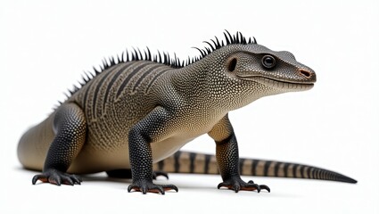 Obraz premium Tegus. Realistic prehistoric dinosaur with scaly skin and spikes walking isolated on white background, perfect for education, science projects, animation, children’s books, and museum exhibits detail