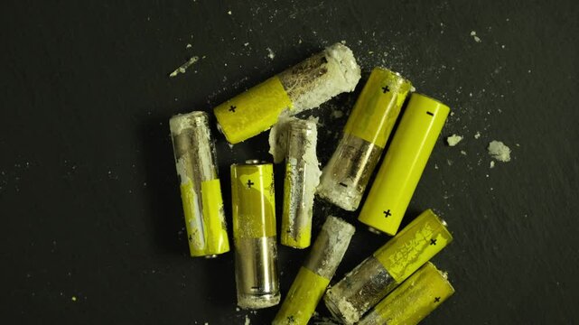 Old yellow silver used alkaline batteries LR6 type or AA. Oxidized and leaked batteries, leakage of alkaline electrolyte. Concept of separate waste collection. Problems of electronic waste recycling.