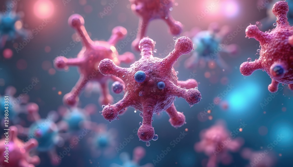 Poster close-up of virus pathogens, infectious agents. microscopic view of viral cells with surface protein