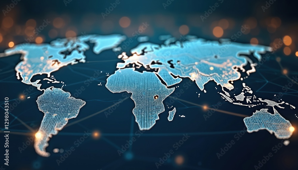 Fototapete Global network background featuring digital earth map with glowing nodes, connected lines worldwide communication, data exchange. Perfect for innovation, digital tech themes, cyberspace, computing,
