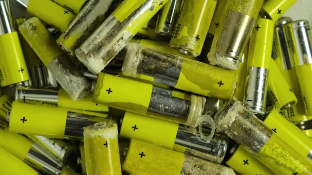 Pile of Oxidized and leaked AA alkaline batteries, rotating. White powder Potassium hydroxide was formed by leakage of alkaline electrolyte. Hydroxides and carbonates are dangerous, powder caustic.