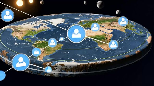 Animated Flat Earth Model with Sun Moon and Space Elements Ideal for flat earth, presentations, infographics, networking concepts. Global map featuring interconnected people icons.