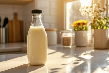 Fresh Milk in Glass Bottle on Kitchen Counter with Morning Light