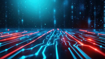 Fototapeta premium Intricate circuit board design illuminated with red and blue lights showcasing modern technology and innovation
