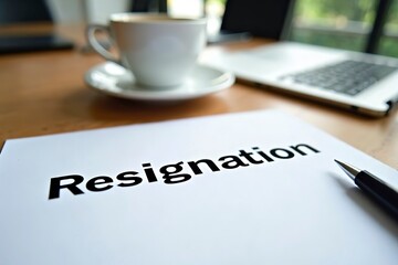Close-up of a resignation letter on a wooden desk with a coffee cup and pen, symbolizing career change, job transition, and professional decisions in the workplace.