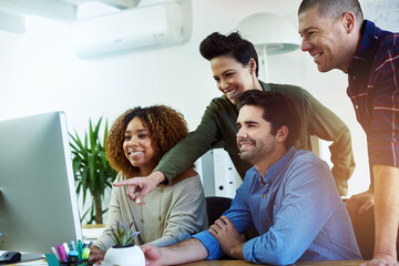 Collaboration, computer and pointing with business people in office for planning or project...