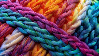 Microscopic fabric fibers woven with colorful threads create intricate weave pattern. Detailed textile texture. Ideal for fashion, design, and textured backgrounds