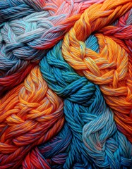 Microscopic fabric fibers weave intricate patterns with colorful threads.  Detailed & textured. Ideal for textile, science, and detailed backgrounds.

