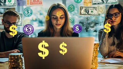 Colleagues analyzing financial data with currency icons while working on a laptop in a modern office setting, currency symbols over diverse colleagues using laptop in office - Powered by Adobe