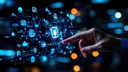 Person touching a touchscreen interface with a finger demonstrating modern technology and interactive experience