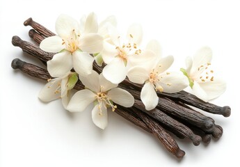 Fototapeta premium Elegant Arrangement of Vanilla Sticks and Delicate White Flowers Displaying Natural Beauty and Aromatic Essence for Culinary and Decorative Use