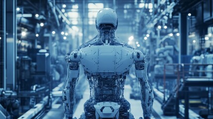 Bioengineered mechanical exoskeleton enhancing human labor in heavy industry, futuristic cybernetic workforce