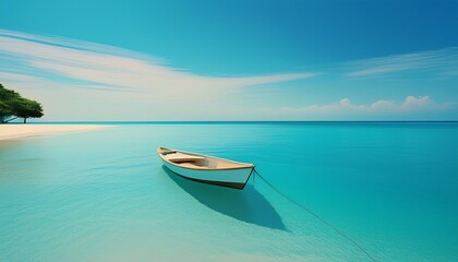 Naklejka premium Minimalist beachscape: single boat floats on calm turquoise water. Serene & peaceful coastal scene. Ideal for travel, vacation, and calming backgrounds.