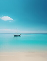 Minimalist beachscape: single boat floats on calm turquoise water.  Serene & peaceful coastal scene. Ideal for travel, vacation, and calming backgrounds.

