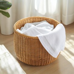 Round Wicker Laundry Basket with White Towels in a Sunlit Room