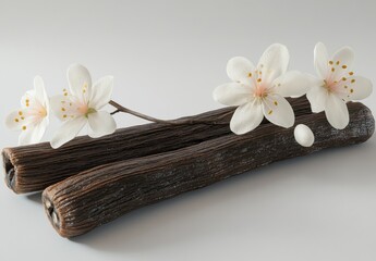 Fototapeta premium Elegant arrangement of white flowers on textured wooden logs showcasing natural beauty and harmony in a minimalist setting