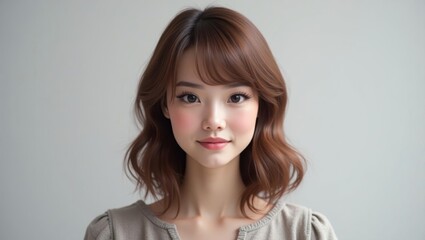 Ai Hairstyle. Young Asian woman with short brown hair smiling softly, portrait for professional profile, social media, or personal branding, neutral gray background, natural lighting, casual outfit m