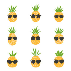 Set of cartoon pineapples with glasses. Exotic fruits in sunglasses.