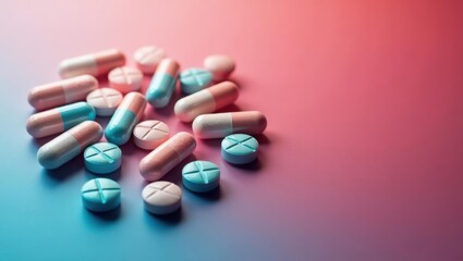 Anticoagulant. Pink blue capsules white tablets scattered on surface m