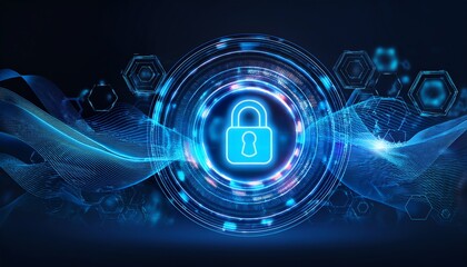 Fototapeta premium A digital illustration of a glowing padlock surrounded by abstract data waves, symbolizing cybersecurity and data protection.