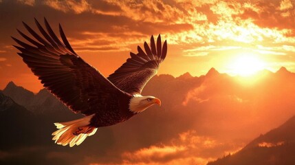 Obraz premium Eagle soaring against a sunset in the mountains