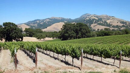Naklejka premium Scenic vineyard rows with mountains in background