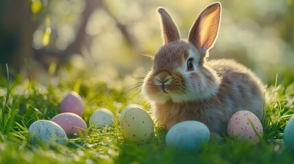 Cute bunny sitting among colorful Easter eggs in the grass