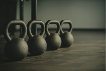 Naklejka premium Kettlebells lined up in minimalistic gym setting, showcasing the