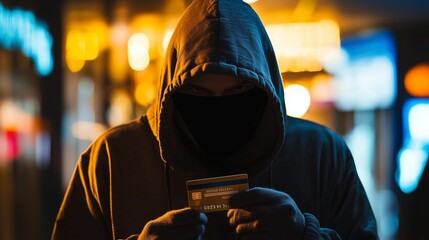 Hooded figure holding credit cards symbolizes cybercrime and identity theft.