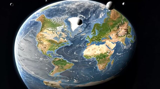 Flat Earth Concept Earth highlighted with a white arrow pointing to Greenland, perfect for illustrating geographical features, climate change, travel destinations, and map navigation.