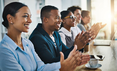 Business people, seminar and applause for presentation, meeting and agreement in office. Group,...