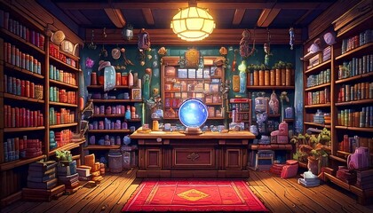 レトロゲーム風の自然のピクセルアート背景（魔法ショップ内部） Generative AI