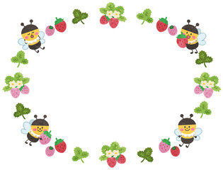 苺とミツバチのかわいいリース風フレームイラスト