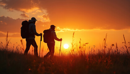 Two silhouetted hikers with backpacks walk through field against sunset. People with trekking poles walk on hill. Outdoor adventure sports development program for guides, instructors. Specialized