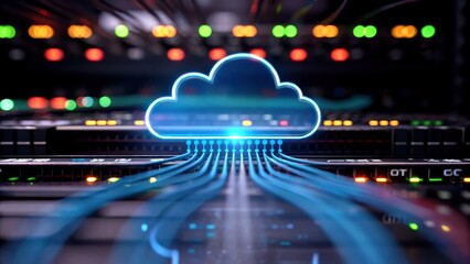 Cloud data fusion concept, Digital cloud icon with data cables, symbolizing cloud computing and connectivity in a server environment.