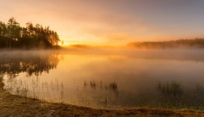 Obraz premium Misty morning lake: calm water with soft ripples & warm sunrise light. Serene & peaceful. Ideal for nature, calming backgrounds & tranquil designs.