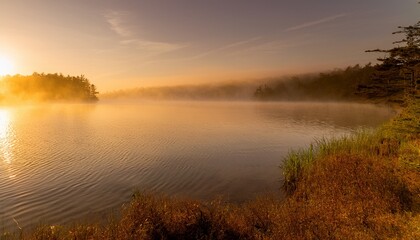 Misty morning lake: calm water with soft ripples & warm sunrise light. Serene & peaceful. Ideal for nature, calming backgrounds & tranquil designs.

