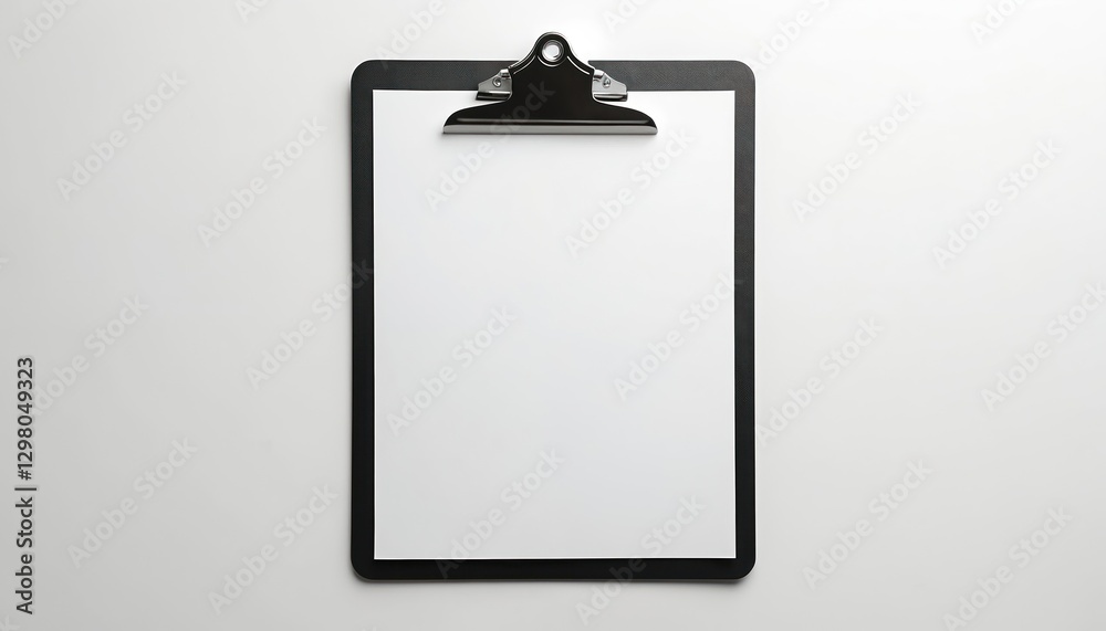 Aufkleber Black clipboard with blank white paper on bright background, top view. Clean paper sheet on pad with clip for office message and business concept. Empty space for notes. Isolated object.