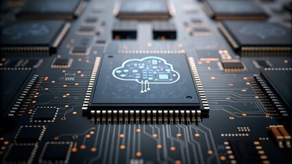 Fototapeta premium Cloud data fusion concept, Close-up of a circuit board featuring a cloud computing symbol on a microchip.