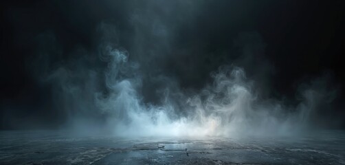 Mystical swirling mist floats in dark light. Fluid fog dance, abstract steam on floor with black background, smooth cloud, soft mystery, magic fume. Spooky wallpaper, dry ice floor.