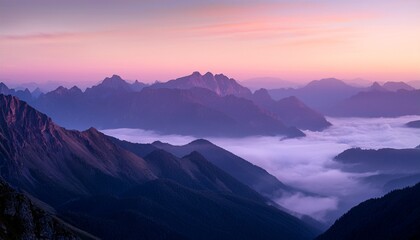 Fototapeta premium Misty mountain range at dawn: soft pink & lavender light illuminates peaks. Serene, ethereal landscape. Ideal for nature, travel, and peaceful backgrounds