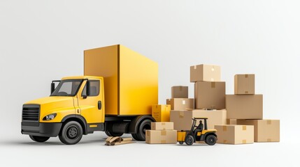 Yellow Delivery Truck with Cardboard Boxes and Forklift on White Background