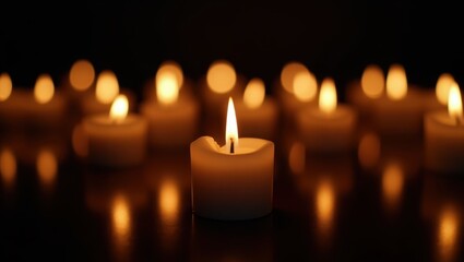 Candlelight Concert. Single white candle burning bright with warm flame, creating peaceful ambiance for relaxation, meditation, romantic setting, dark background with soft glowing bokeh lights, cozy