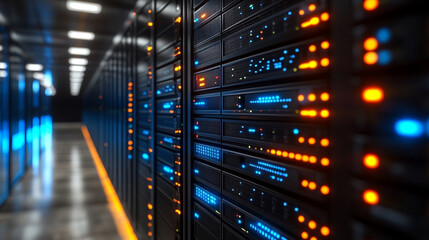 Modern data center interior with black server racks housing computer network infrastructure symbolizing cloud data storage, hardware security, and internet hosting in a high-tech environment